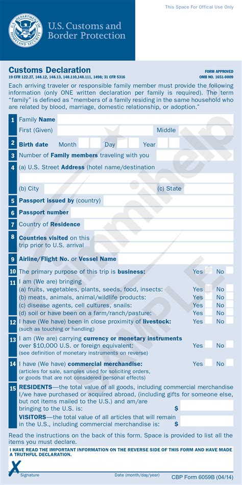 Customs form in English